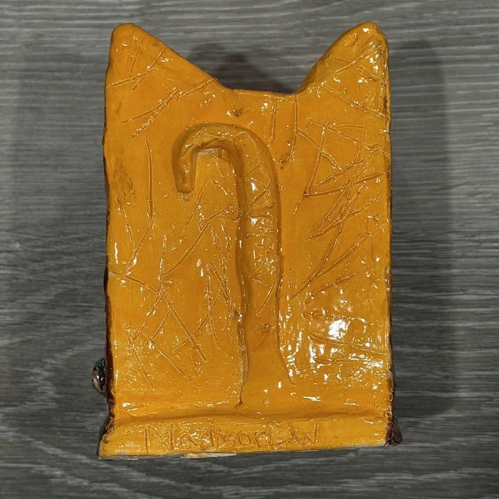 Handmade Ceramic Cat House Luminary Tealight Candle Holder‎ Orange Folk Art
